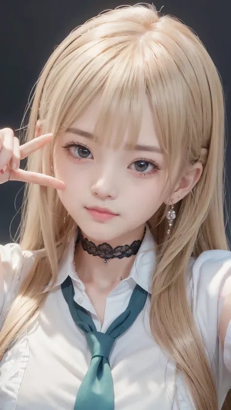 (masterpiece, best quality, very aesthetic, ultra detailed), intricate details,
1girl, kitagawa marin, sono bisque doll wa koi wo suru, blonde hair, red eyes, ear piercing, barbell piercing, black choker, collared shirt, white shirt, earrings, blue necktie...