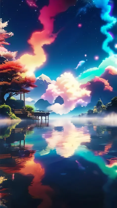 Dreamy anime scenery, Multicolored space smoke , 8k