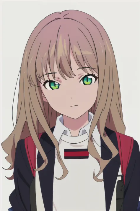 solo, 1girl, looking at viewer, 2D, anime, anime coloring, upper body, (solid white background:1.3), yume minami, white shirt, jacket, school uniform, looking at viewer, closed mouth