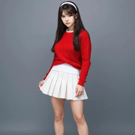 masterpiece, best quality, put, hair band, red sweater, white skirt with ruffles, sneakers, standing, looking at the viewer