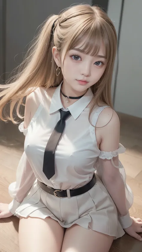 (masterpiece, best quality, very aesthetic, ultra detailed), intricate details,
1girl, kitagawa marin, sono bisque doll wa koi wo suru, blonde hair, red eyes, ear piercing, barbell piercing, black choker, collared shirt, white shirt, earrings, blue necktie...