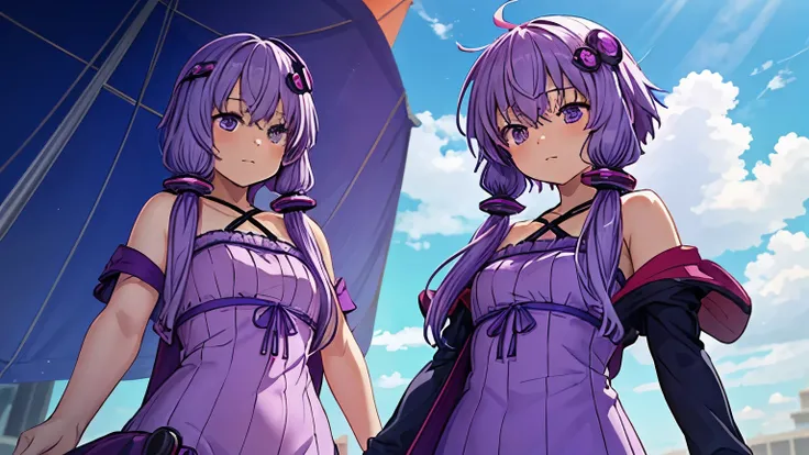 yukari, yuzuki, １People Girl, (masterpiece),(figure),(Highest quality:1.3),Accurate anatomy, detailed purple hair, ぼやけたbackground, ((Light purple dress)), Travel Nostalgia,memory,((background,Cruel world,The distant blue sky))