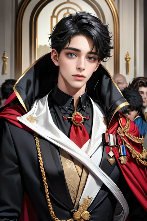 masterpiece, 最high quality, high quality, 1 boy, alone, Male focus, Upper Body,Watching the audience, Messy black hair, Adorable big blue eyes, White, Noble, Noble,A black and red cape that is bursting with sexy volume、Tuxedo、A very voluminous, large, very...