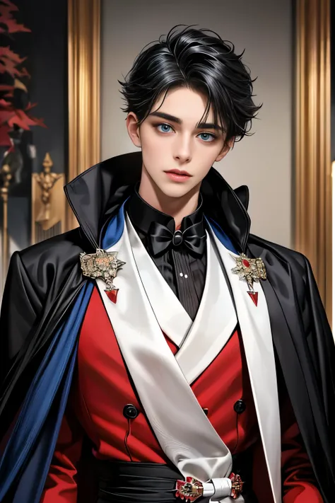 masterpiece, 最high quality, high quality, 1 boy, alone, Male focus, Upper Body,Watching the audience, Messy black hair, Adorable big blue eyes, White, Noble, Noble,A black and red cape that is bursting with sexy volume、Tuxedo、A very voluminous, large, very...