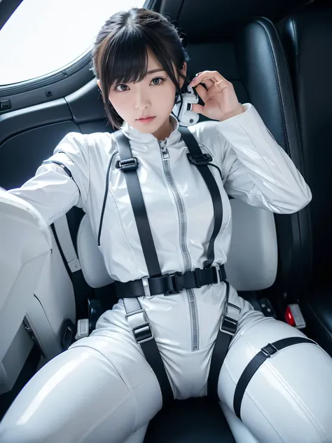 Japanese female android,White shiny robot suit,Wide-legged squats,Black Hair,Space capsule,I was completely strapped to my seat in the cockpit with a thick harness and couldn&#39;t move.,