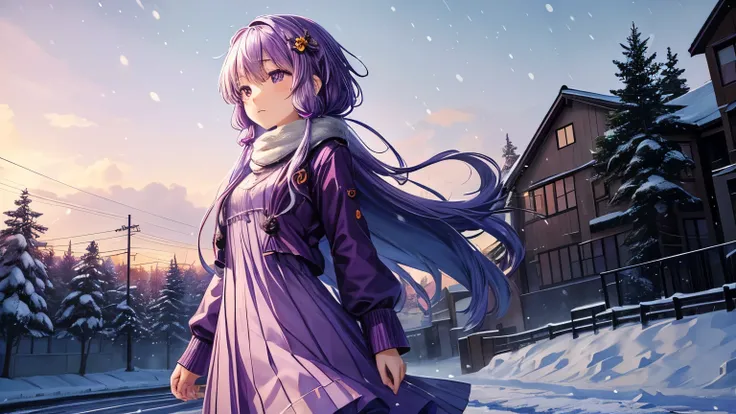 yukari, yuzuki, １People Girl, (masterpiece),(figure),(Highest quality:1.3),Accurate anatomy, detailed purple hair, ぼやけたbackground, ((Light purple dress)), Travel Nostalgia,memory,((background,Snowstorm,Cruel world),((Clothes for the harsh winter))