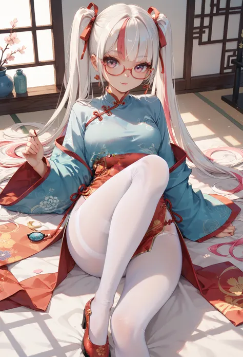 Zhezhi, twintails, multicolored hair, glasses, hair ribbon, chinese clothes, white pantyhose,