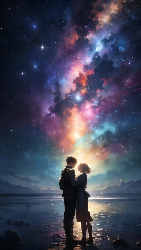 Draw a man and woman embracing each other, Standing on a floating research platform in the middle of an asteroid belt, Turn your back on the audience, From behind, Surrounded by several bright asteroids with fireproof auras、Dramatic lights from distant sta...