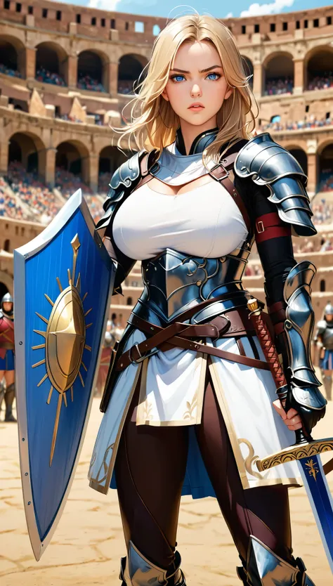 score_9, score_8_up, score_7_up, score_6_up,(scowled:1.3),(Realistic、Narrow eyes、female knight、Big Breasts、woman wearing leather armor, Female Warrior, Very beautiful woman),(Blonde, blue eyes,),Cool adult woman、(Arena、Colosseum, Fighting while being watch...