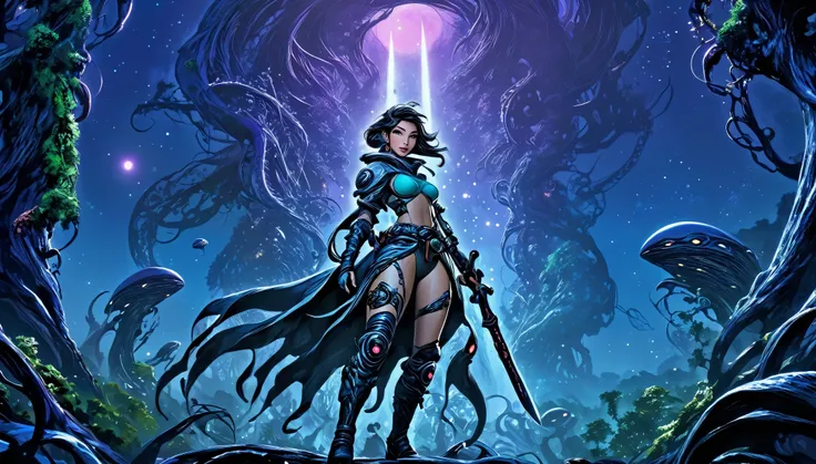 A adventurer woman (yuna, muscular, lean, sweaty, big butt, sexy explorer outfit) is using a machete to clear a path through a dense alien forest, tentacle vines reach from trees, she is carving a trail to an eldritch spire, 3 nightmarish moons hang in the...