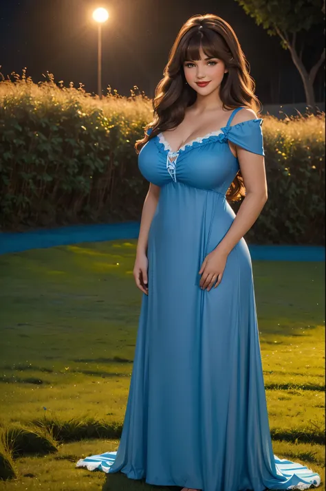 DisneyAurora, full body view Beautiful woman (((shoulder length wavy brown hair, two side up with bangs))) defined body, voluptuous, sexy, cherry red lipstick, arms by her sides, hands free, happily smiling, standing facing camera ((( bright blue nightgown...