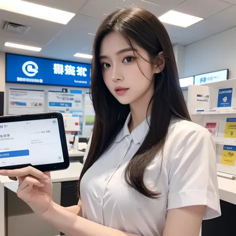 This is a promotional poster picture. A 175 cm tall, long-haired, white-skinned beauty is a service staff member of a telecom store.,Wearing work clothes,The beauty is holding the latest IPHONE 15th generation in her hand