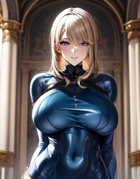 (large breasts:1.55),(shiny,hair),((solo)),((masterpiece)),((best quality)),perfect anatomy,slim waist,perfect image,8k UHD,(beautiful detailed eyes:1.5),extremely detailed face,standing,(upper body:1.25),(look at the front:1.5),arms behindback,ultra-detai...