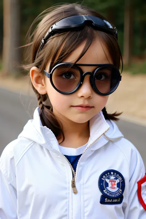 beautiful small girl in white jacket, with goggles