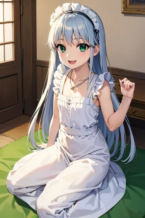 Long silver hair, green eyes, headband, necklace, small, maid dress, beautiful thighs, smile, happy, inside house