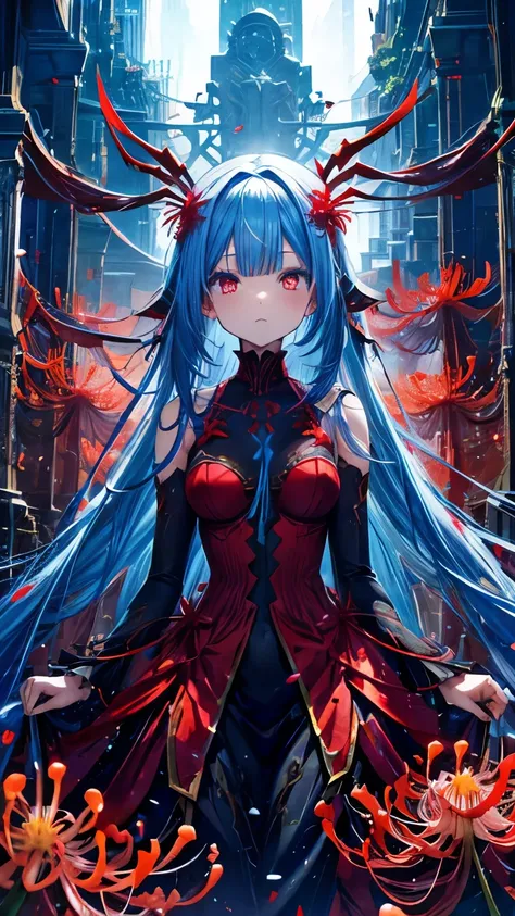 Red spider lily, demon girl, big body, light blue hair, long hair, side-parted bangs, 8k