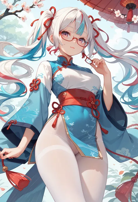 Zhezhi, twintails, multicolored hair, glasses, hair ribbon, chinese clothes, white pantyhose,