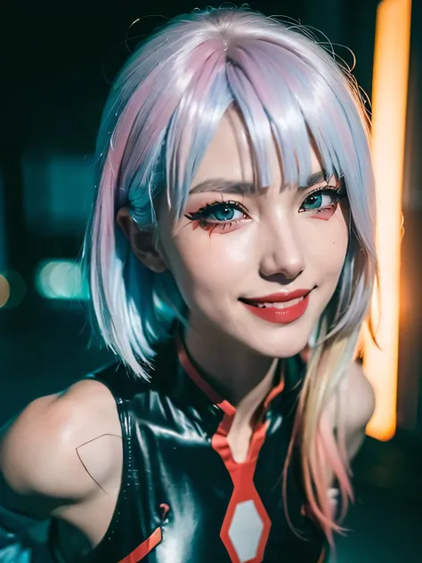 ((Masterpiece, high resolution:1.4), lucy_cyberpunk, (futuristic city at night, neon lights:1), (close up:1.2), (sexy smile:1.5) (1girl), white short hair, bangs, ((red eyeliner)), ((makeup)), red lips, white off-shouler jacket, black bodysuit, bare should...