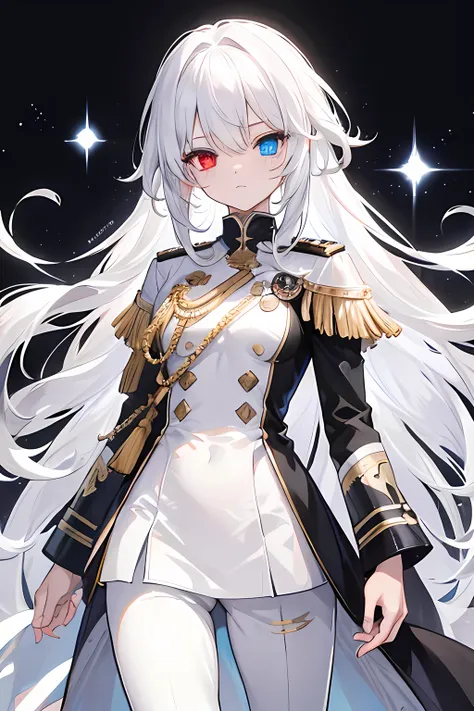 Long white hair, white knight uniform, black pants, Heterochromia