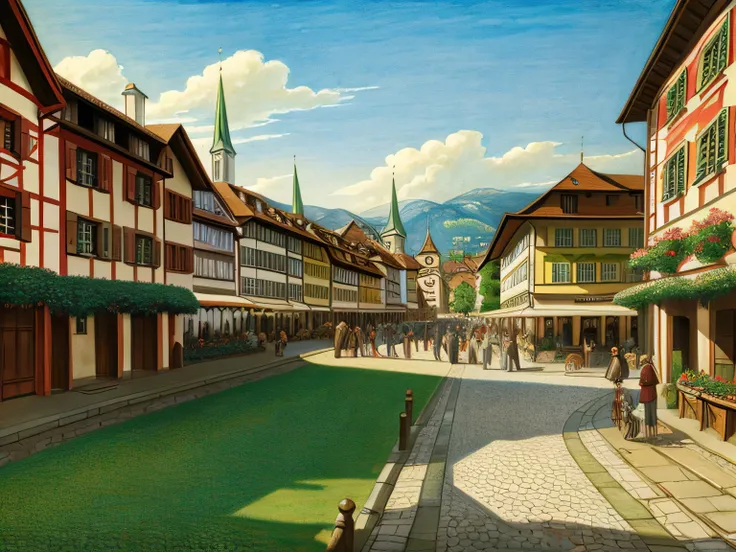 Zurich　countryside　Central Square　middle ages　Pastel drawing