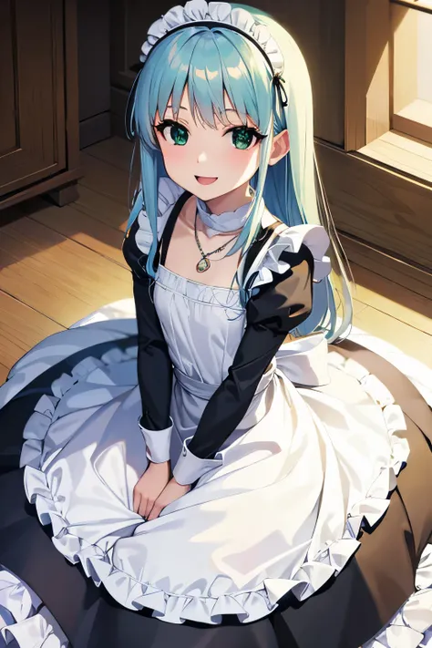 Long silver hair, green eyes, headband, necklace, small, maid dress, beautiful thighs, smile, happy, inside house