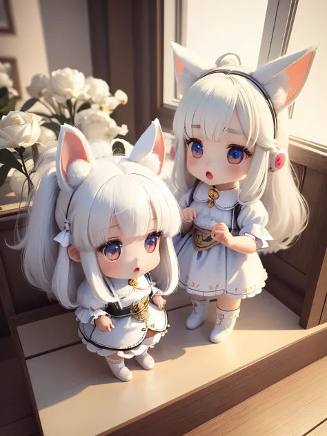 two girls、sisters、white rabbit、white hair、animal ears、fluffy ears、rabbit girl、fluffy fur、 high quality, High resolution、genuine、3D、small ears、sweep the floor、