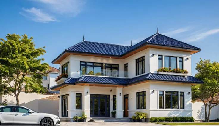 (masterpiece:1.2), best quality, photo of A two-story modern house with white walls and dark blue tiles on the roof., tree and plant, streetcapes, natural light, vivid color, The exterior of an elegant single family home features large windows, a dark gray...