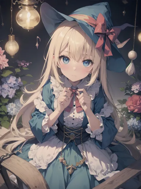 🎶, (🧙‍♀️), ✡, ✨(hat), , Alice in Wonderland, Alone, very beautiful, cute, adorable, embarrassed, alone, blue eyes, look at viewer, looking up, kawaii tech, pastel colors, kawaii, cute colors, Alice in Wonderland, alone, very beautiful, cute, adorable, emba...