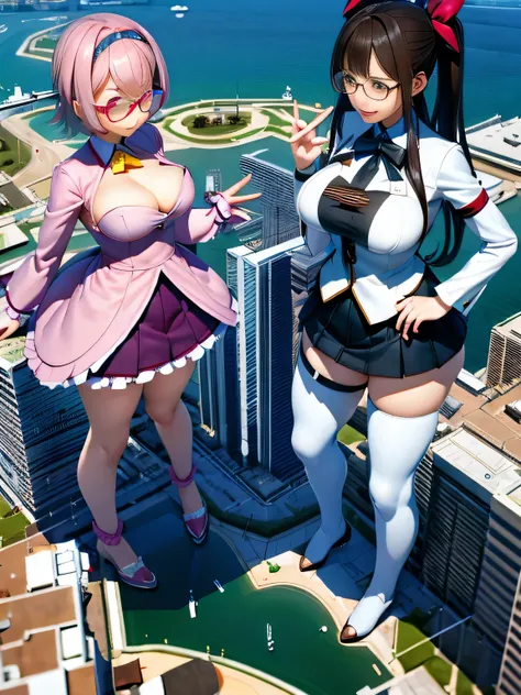 multiple girls, 3girls, standing, giantess art, highly detailed giantess shots, giantess, most detailed, perfect face, Two legs, Five fingers, short hair, A beautiful girl who is bigger than a skyscraper, Wearing rimless glasses, smile, huge breasts, magic...