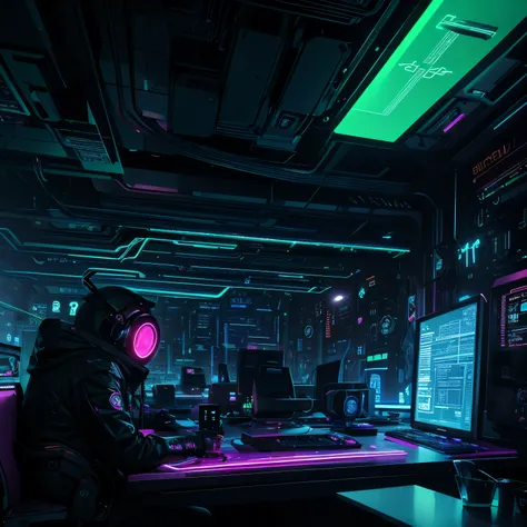 hacker, Gloomy games, logo, alchemy, symbol, Linux, Electronics, programming,  Cybernetic characters, Futuristic cityscape, Neon Light, glitch effect, Code to scroll across multiple screens, Flowing binary code, Circuit pattern, State-of-the-art technology...