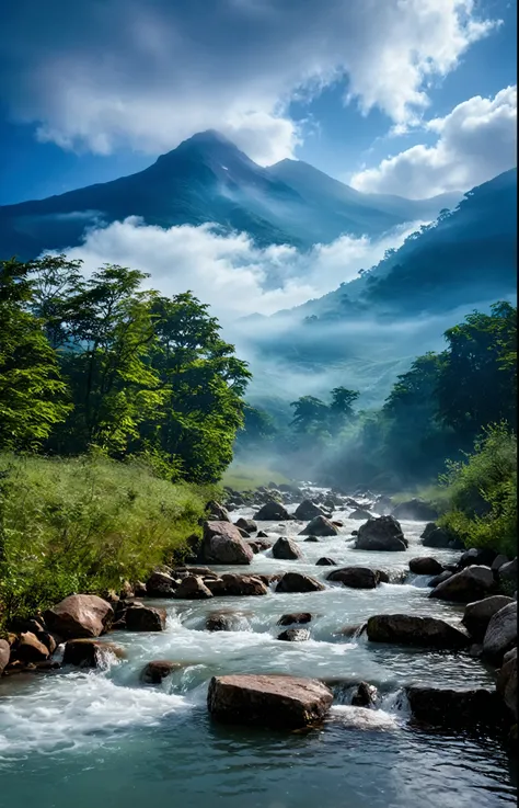 stream，Behind is the mountain,Clouds and mist