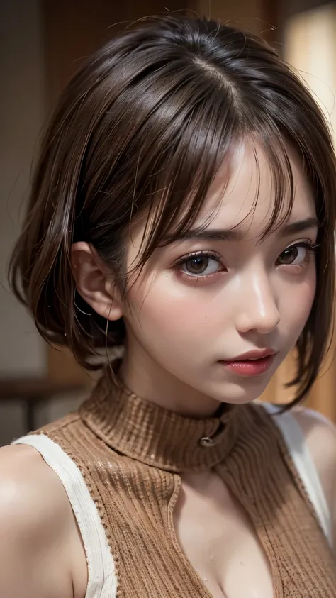 (Ultra-realistic), (shape), (High resolution), (In 8K), (Very detailed), (Best shape), (Beautiful details), (Highest quality), (Very detailedな), (wallpaper), (Detailed face), Droopy eyes, Sweat a lot, Upper body close-up, Underarm,short hair,Girl wearing ...