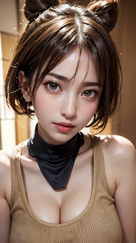 (Ultra-realistic), (shape), (High resolution), (In 8K), (Very detailed), (Best shape), (Beautiful details), (Highest quality), (Very detailedな), (wallpaper), (Detailed face), Droopy eyes, Sweat a lot, Upper body close-up, Underarm,short hair,Girl wearing ...