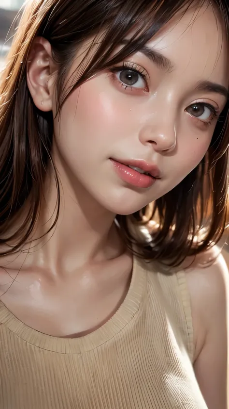 (Ultra-realistic), (shape), (High resolution), (In 8K), (Very detailed), (Best shape), (Beautiful details), (Highest quality), (Very detailedな), (wallpaper), (Detailed face), Droopy eyes, Sweat a lot, Upper body close-up, Underarm,short hair,Girl wearing ...