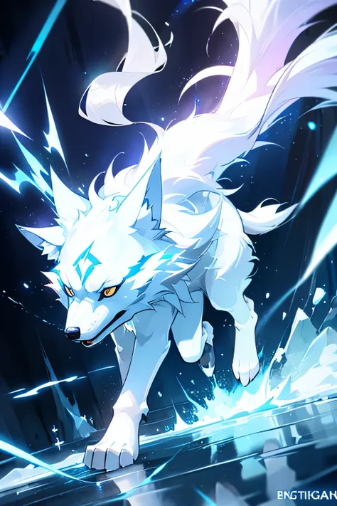 white fantasy wolf　wearing electricity　some of it is melted　on ice