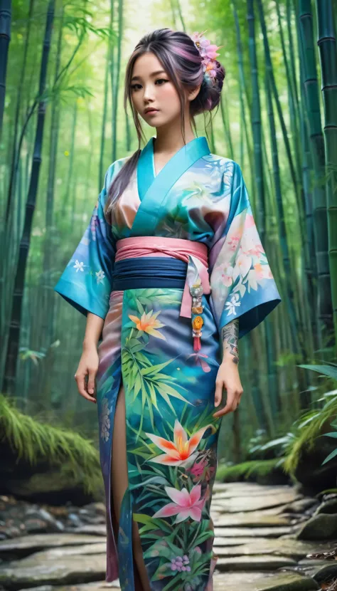 girl yukata, little body, little breast, (((all body artistic painting fullcolors pastel))), wonderfull yakuza tattoo work, multicolor hair, ((long hair pin with detailled decoration)), complex asian hairstyle, masterpiece, best quality, in bamboo forest, ...