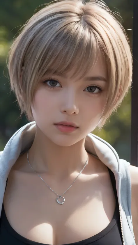 masterpiece, Highest quality, Very detailed, 8k, Realistic, One Girl, alone, Tomboy, Very detailed face, (head shot:1.5), Upper Body, silver pixie cut hair, She is wearing a short tank top and an open zippered hoodie., I can see her cleavage,Emphasise that...