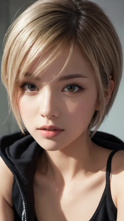 masterpiece, Highest quality, Very detailed, 8k, Realistic, One Girl, alone, Tomboy, Very detailed face, (head shot:1.5), Upper Body, silver pixie cut hair, She is wearing a short tank top and an open zippered hoodie., I can see her cleavage,Emphasise that...