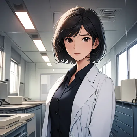 Highest quality, One girl,Black Hair、short hair, (Blur the background:0.6), (Research Room)、suit、(Light blue blouse)、30 years old, Science、Mature Woman、Laser light