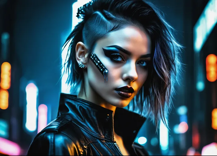 (a girl with a beautiful face), at night, cyber punk city, dark, it&#39;s raining, neon light , (), cyber punk, synthwave, 1980s...