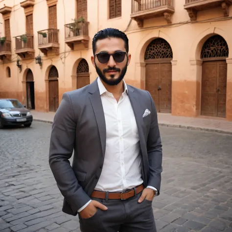 Facial appearance: Moroccan man in his late twenties or early thirties, with soft olive skin, a light, trimmed beard, and soft, black hair styled in a modern slicked back style..Features: Bright brown eyes, thick, well-sculpted eyebrows, straight nose and ...