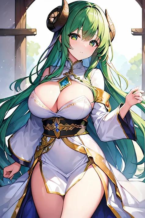 (4K、masterpiece、Highest quality、high resolution、Detailed light、Detailed Shadows、Detailed Design)、1 girl、Fantasy、(Sacred ceremonial clothing)、clergyman、white and green clothing、Large Breasts、Ram&#39;s horn、Meadow、Motherhood Explosion