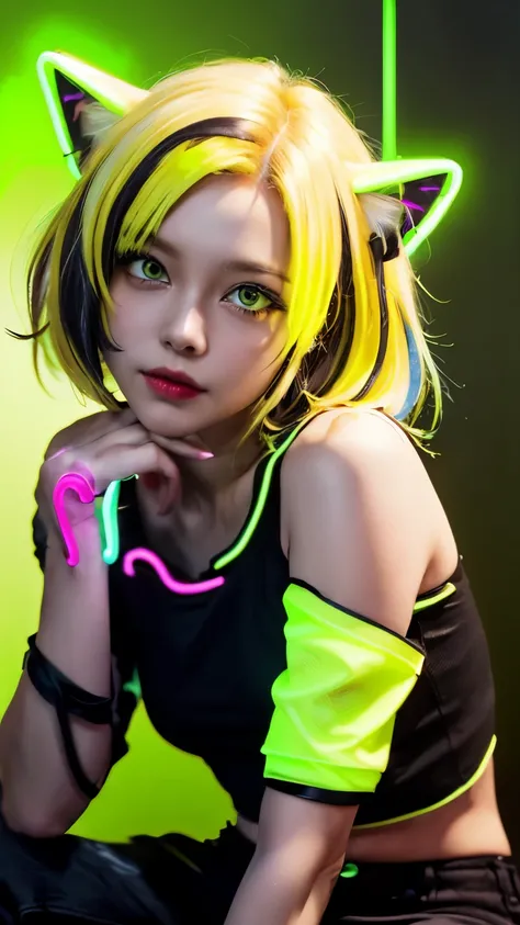 masterpiece, Highest quality, 4K, Realistic, Bokeh, Awareness-raising,1 perfect portrait of a girl, (A fascinating eye for perfect detail:1.2), Colorful Hair, (Gradient Hair), (Neon yellow hair:1.6), (Cat ear:1.2), Fantasy Background, (Exposed bare shoulde...