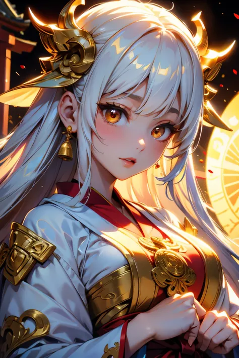 Upper body close-up。This is the figure of a shrine maiden。On his head there is a gold ornament。Hair is white。The background is the glow of the sun。She is a charming goddess。solve，8k、masterpiece