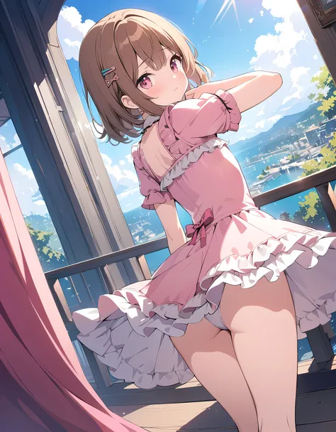 (masterpiece:1.2), best quality, highres, original, (extremely detailed:1.2), ultra-detailed, wallpaper, perfect lighting,(extremely detailed CG:1.2), 8k, anime illustration, HD, cute, kawaii, 1boy, crossdressing, solo, tomgirl, (brown hair, hairclip:1.1),...