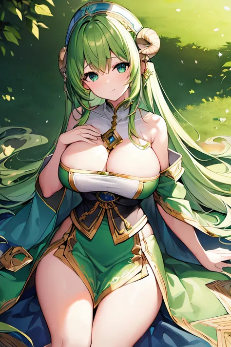 (4K、masterpiece、Highest quality、high resolution、Detailed light、Detailed Shadows、Detailed Design)、1 girl、Green Hair、Fantasy、(Sacred ceremonial clothing)、clergyman、white and green clothing、Large Breasts、Ram&#39;s horn、Meadow、Deal with the Devil、(Incubus Para...