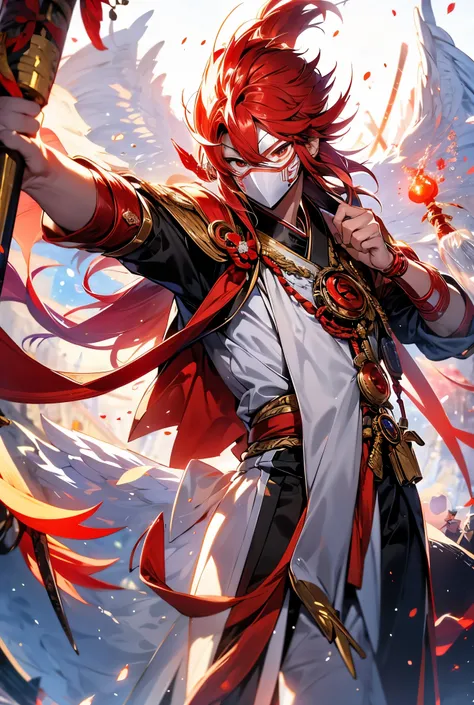 Stick-like nose。Tengu，He has a bright red mask on his face.。High resolution，8k、The background is Mt、masterpiece、He is an attractive male god.。