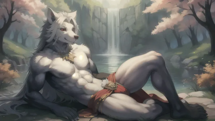  ((Highest quality)), ((masterpiece)), Long white straight hair , Wolf Beast , male , Upper body naked, the body is slim, black body , White belly , White Face , Erect crotch , White Japanese loincloth , Kind eyes,Red eyeliner under the eyes , Red eyes ,Se...