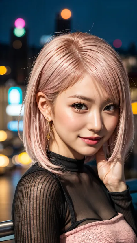 Highest quality, Tabletop, Ultra-high resolution, (Realistic:1.4), (Japanese Idols),RAW Photos, One Girl, night,Detailed skin,Blurred cityscape of South Korea,,Blonde, (Pink inner hair:1.3),Glossy Lips,smile,(Model pose:1.2),2,Beautiful and beautiful eyes,...