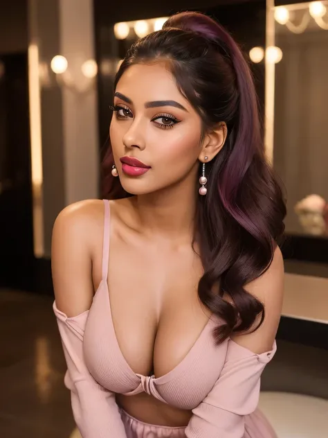 Create an ultra-realistic image of a modern, attractive female influencer of Indian descent, aged between 27 to 30. She should have a warm and inviting smile, expressive almond-shaped eyes with a slight shimmer, and clear, glowing skin with a medium brown ...